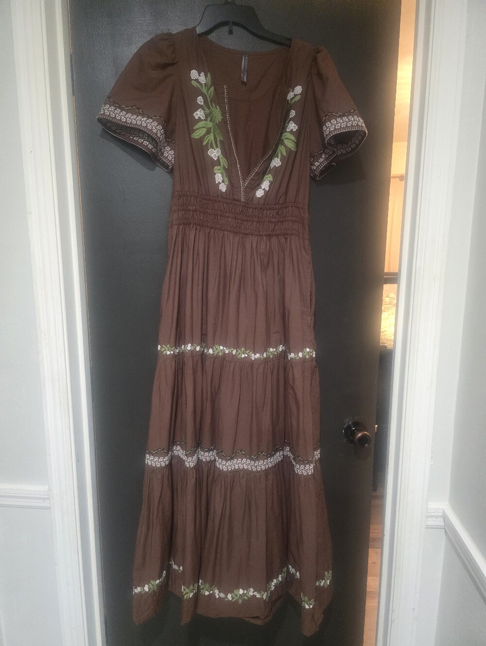 Anthropologie Brown Maxi Dress with Green & White Floral Embroidery